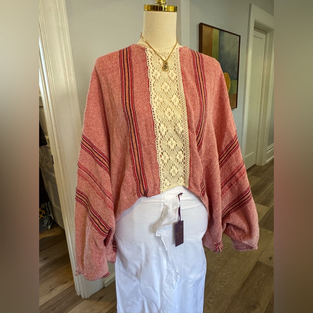 Women's Pink Striped Poncho with Lace Detail